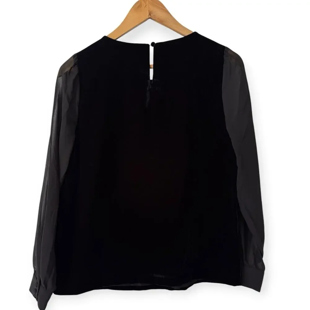 NWT J. Crew Black Velvet Puff Sleeve Velvet Top Women’s Size XS Sheer Sleeves